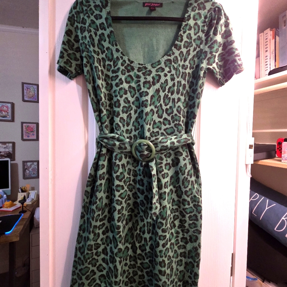Vintage Betsey Johnson Green Leopard Print 2000s dress large